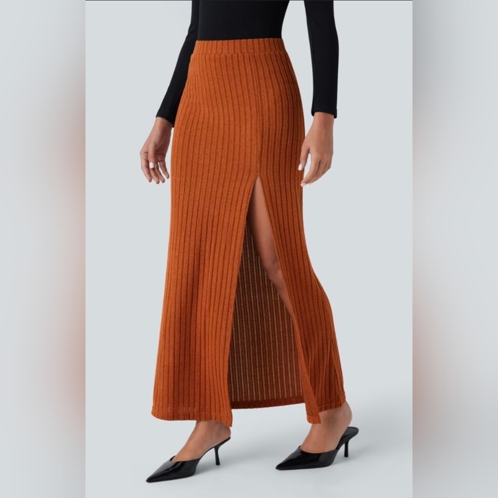 Halara Burnt Orange Ribbed Maxi Skirt, Size XL